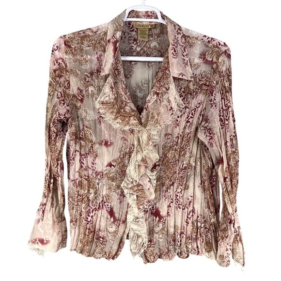 Vintage Notations Womens XL Sheer Chiffon Ruffled Crinkle Boho Button Up Blouse - Picture 7 of 15